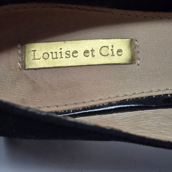Louise Et Cie Black Suede Peep Toe Heels With Geometric Gold Block Heel Design S - Picture 3 of 7